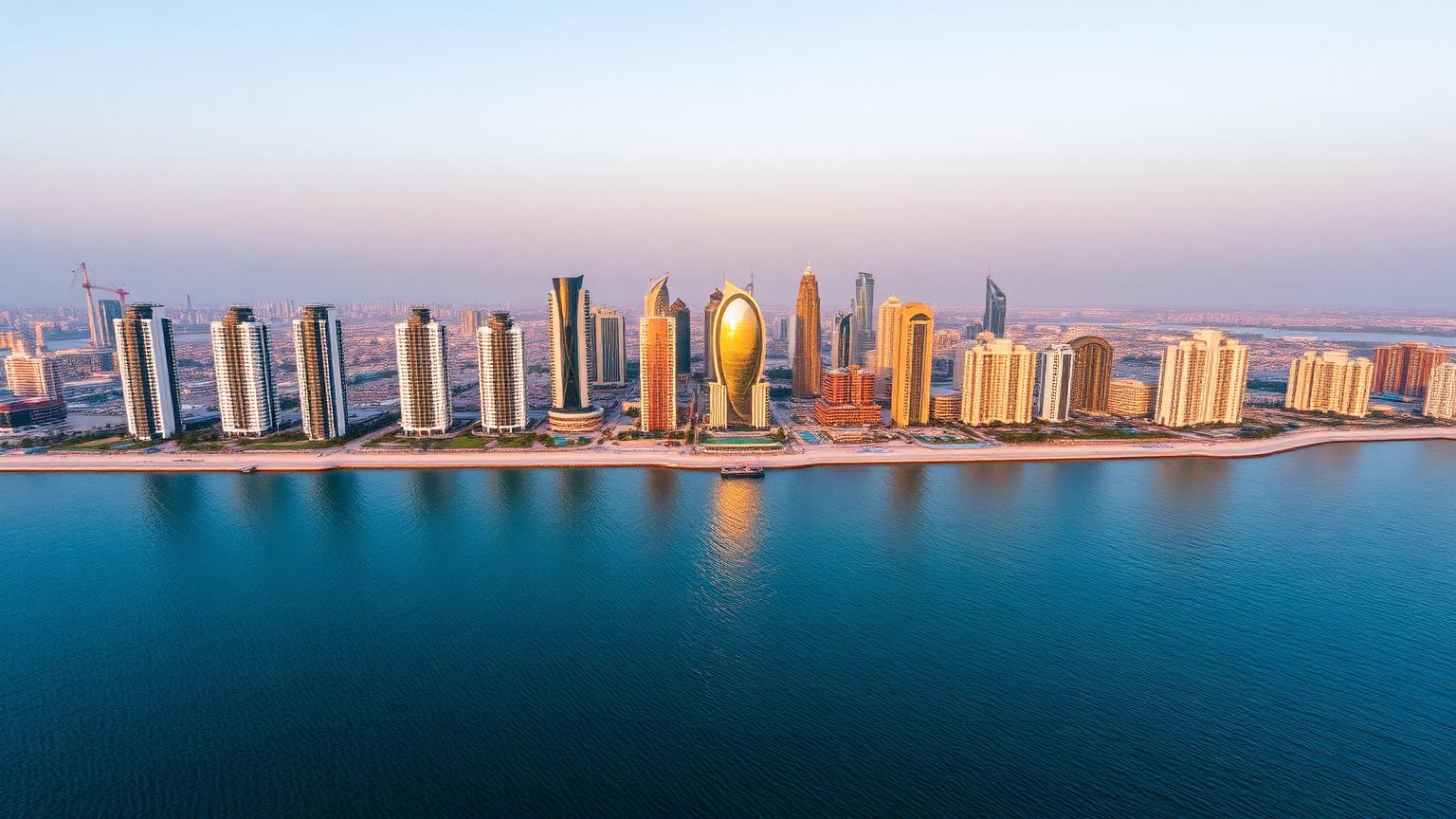 Aerial view of Abu Dhabi skyline at golden hour with modern residential towers along the waterfront.