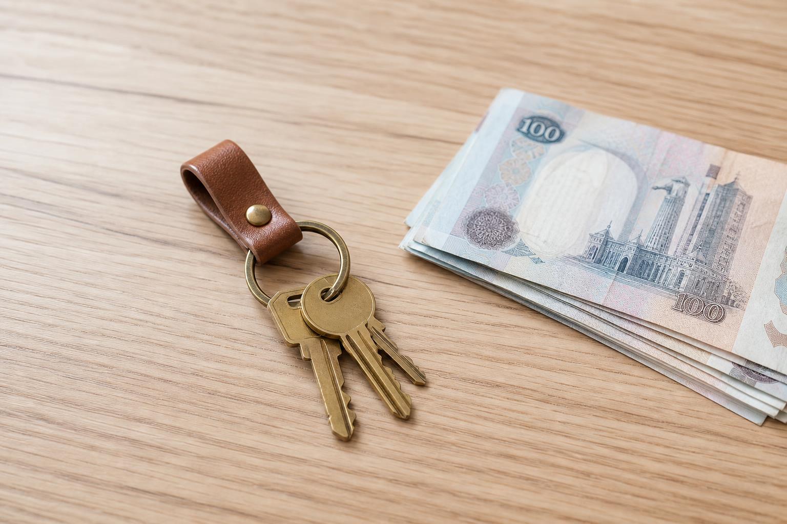 Apartment keys on a leather keychain next to a stack of AED 100 dirham notes on a light oak desk.