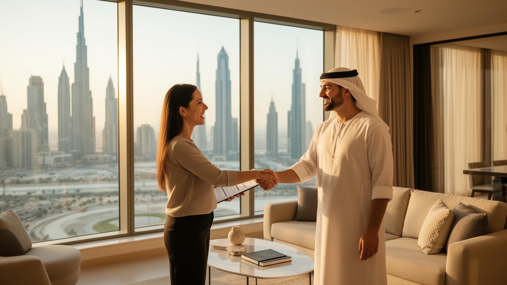 Two people shaking hands in a bright Dubai apartment after a direct property deal.