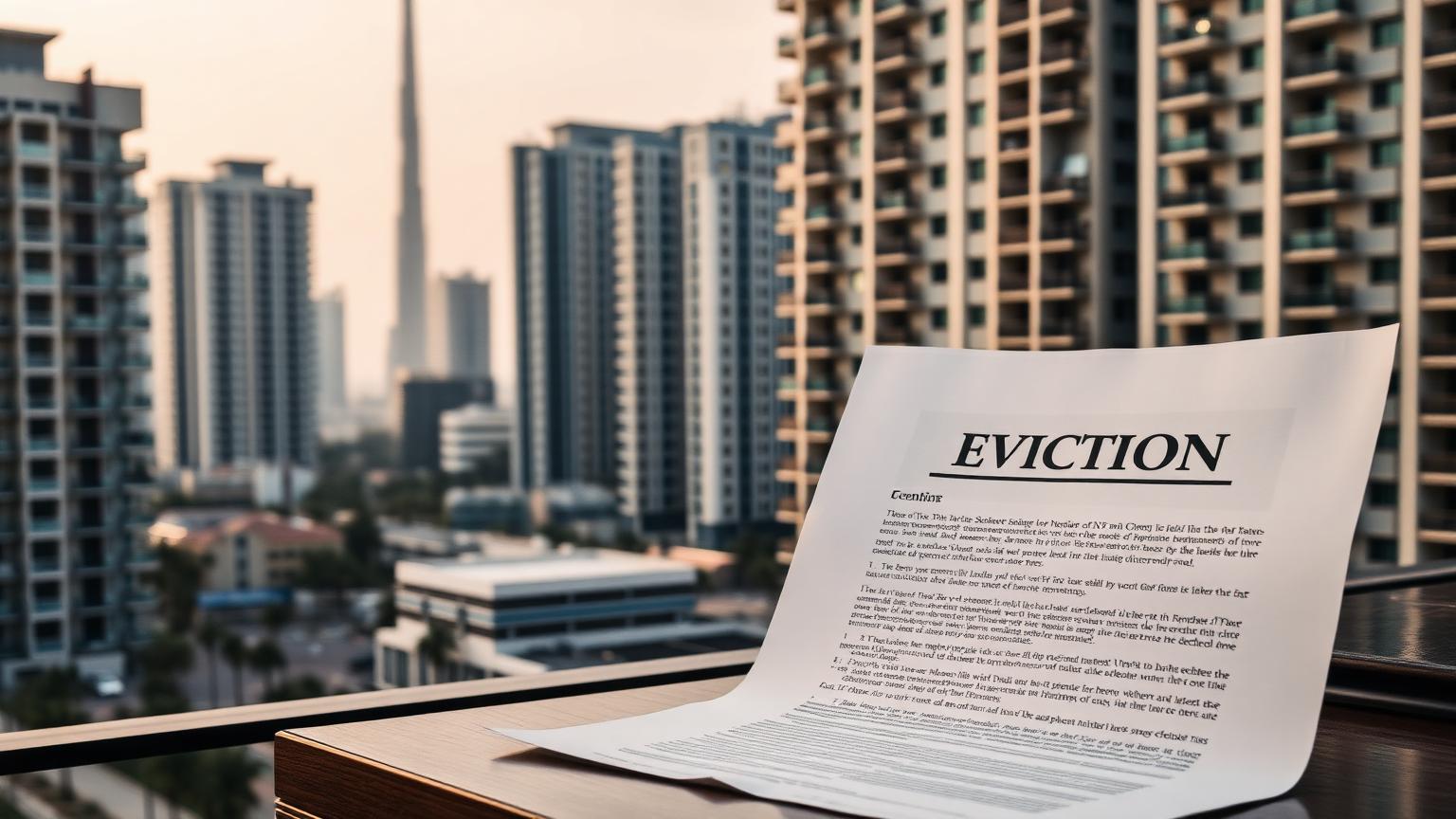 Eviction notice document on a desk with a Dubai residential skyline in the background.