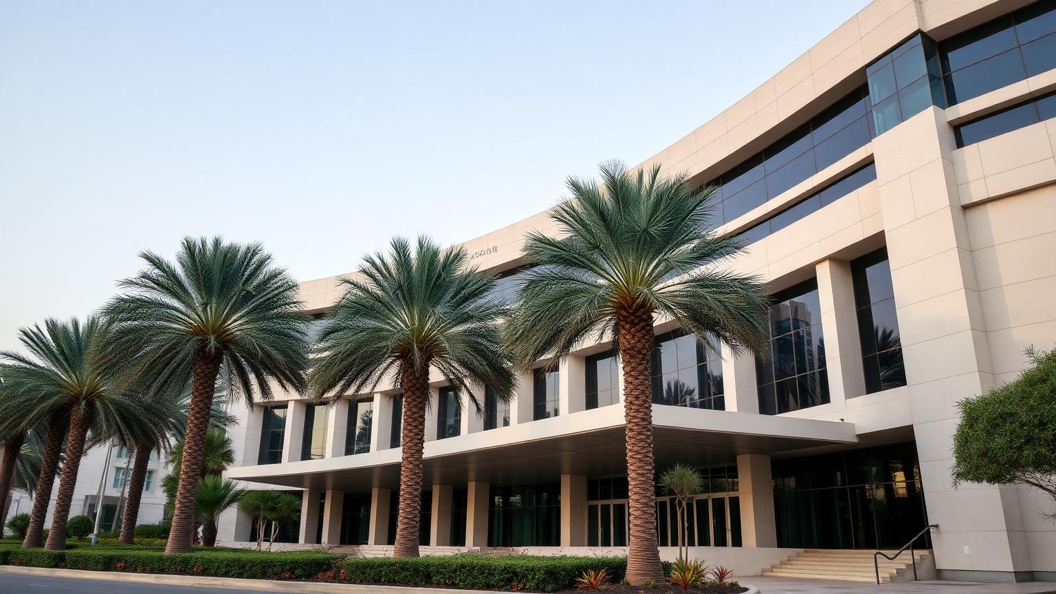 Exterior of a modern Dubai courthouse building with palm trees at the entrance.