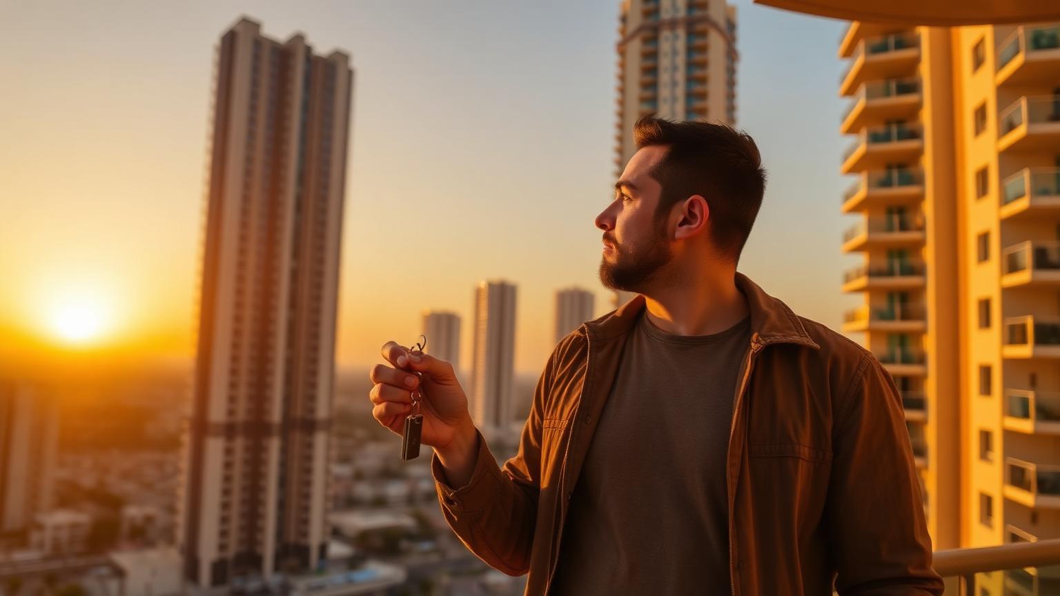 A tenant holding apartment keys looking at a Dubai residential tower at sunset.
