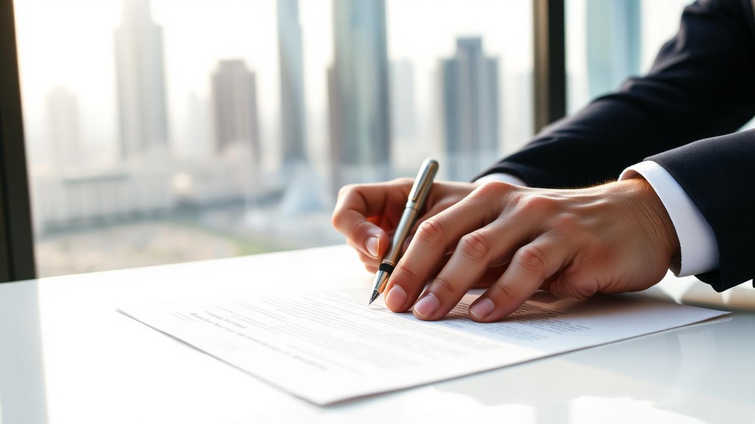 Hands signing a property contract on a clean desk with a Dubai skyline visible through a window behind.