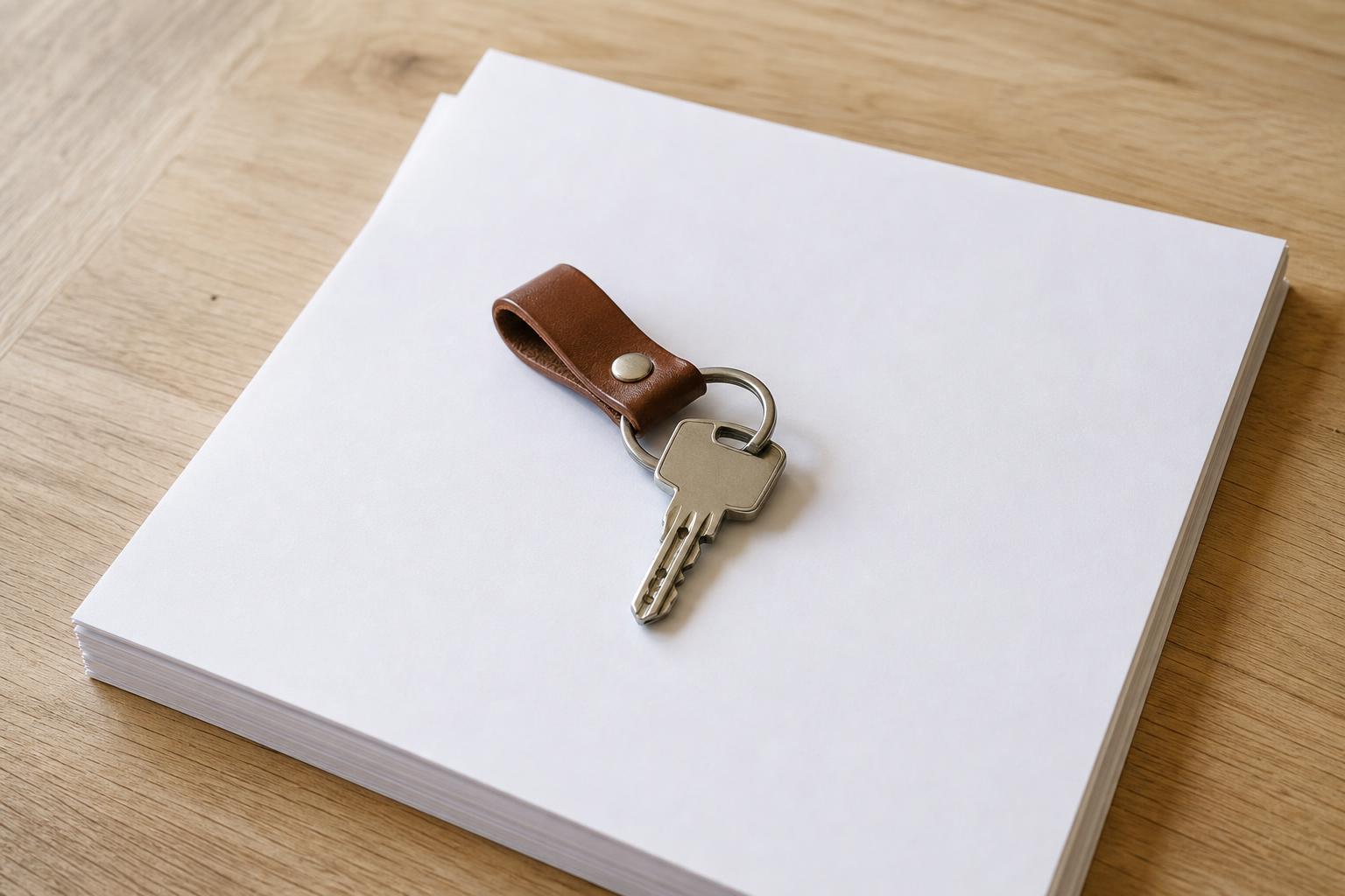 Property contract, pen and apartment keys laid out on a light wood desk.
