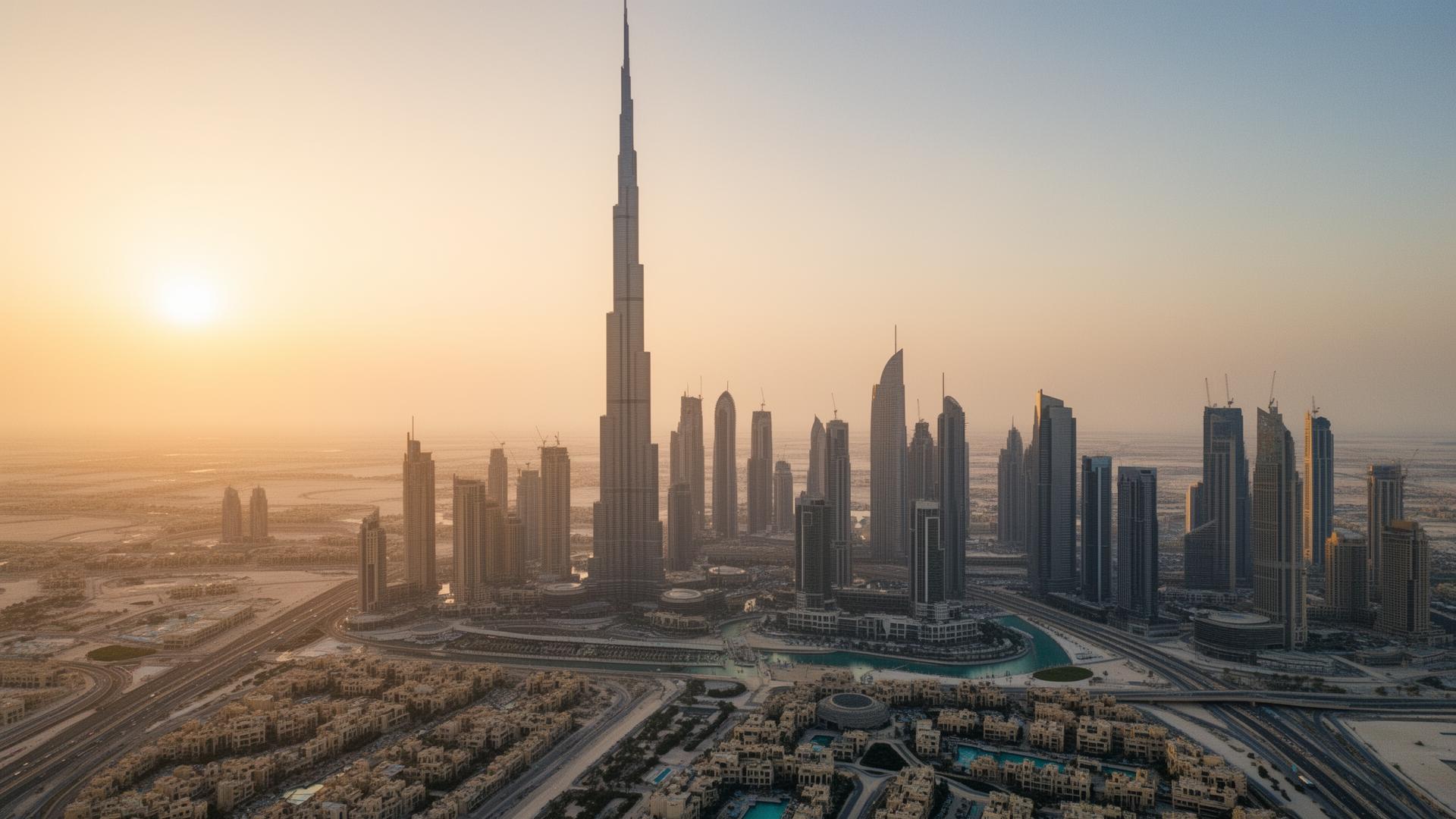 Dubai skyline with the Burj Khalifa at golden hour