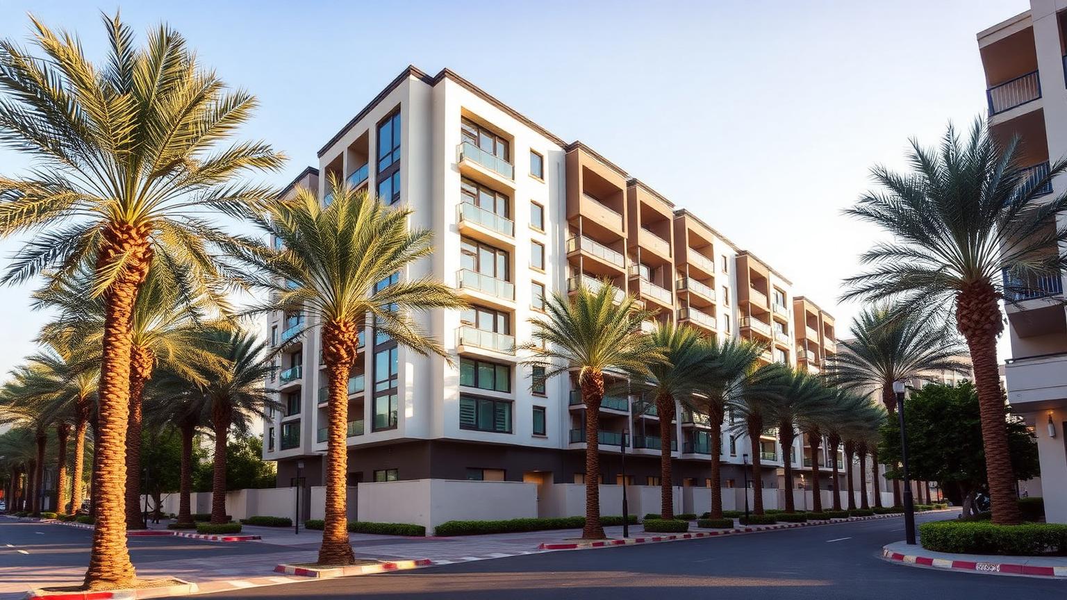 Modern residential building in Jumeirah Village Circle Dubai with palm-lined street.