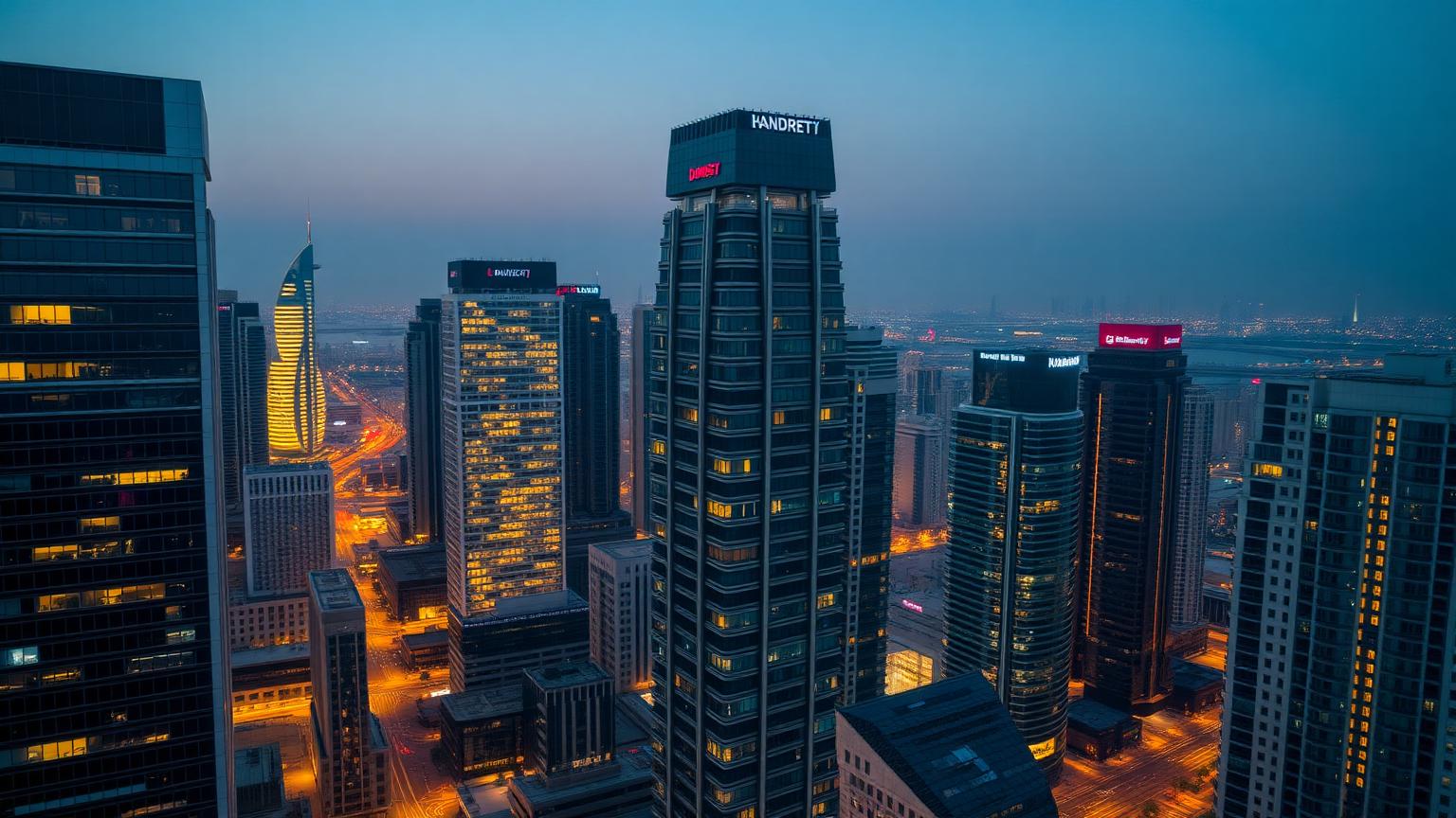 Aerial view of the DIFC financial district at blue hour with illuminated bank towers.