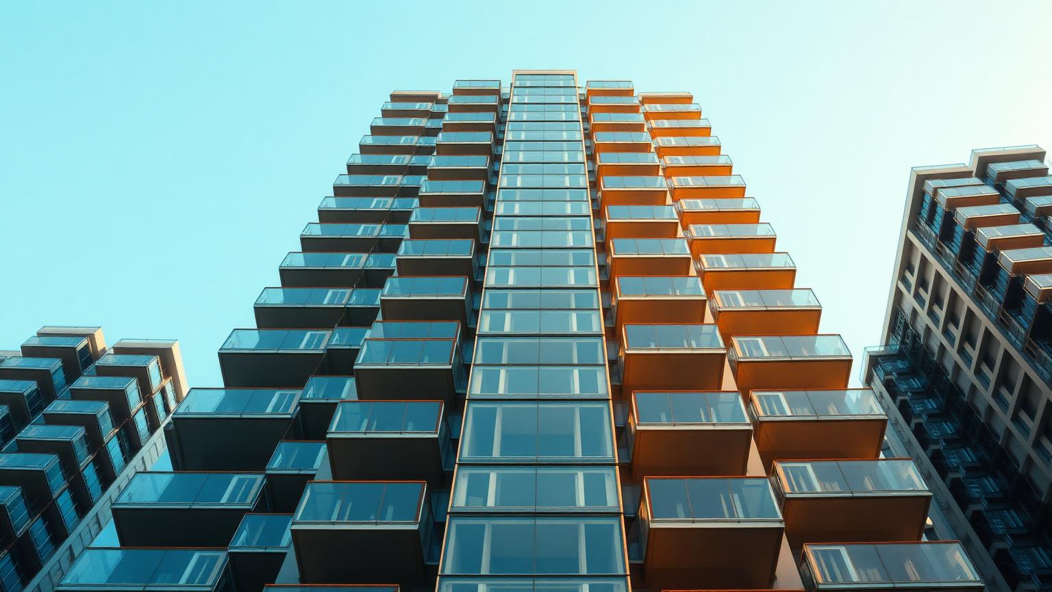 Geometric facade of a modern Dubai residential tower with repeating glass balconies against a clear sky.