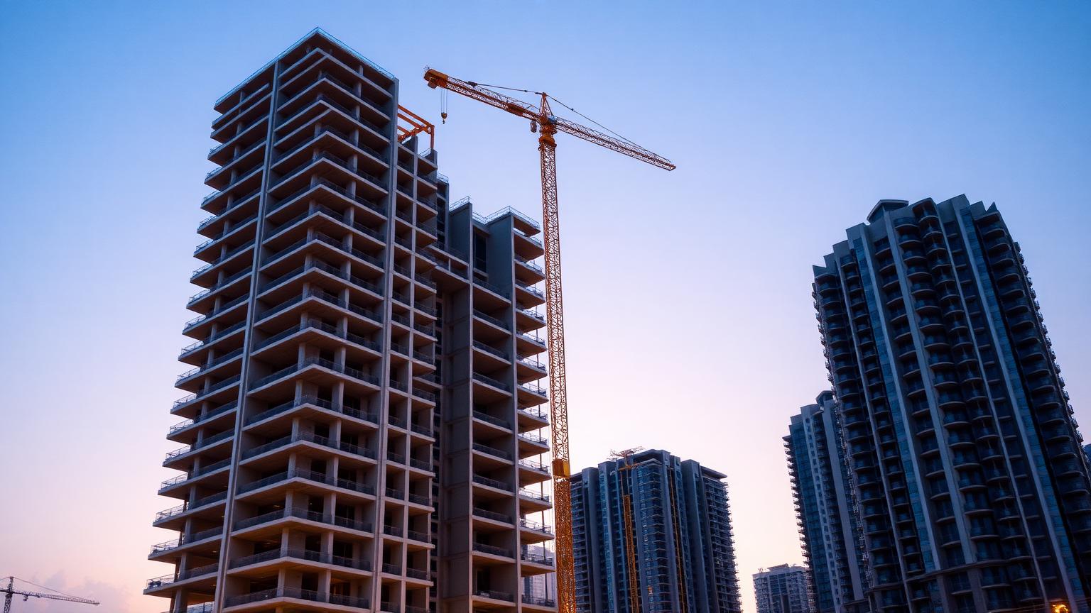 Half-built modern Dubai residential towers with a single working tower crane at dusk.