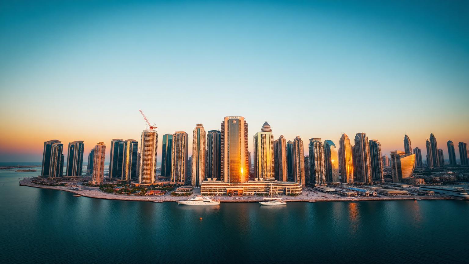 Aerial view of Dubai Marina at golden hour with residential towers along the waterfront.