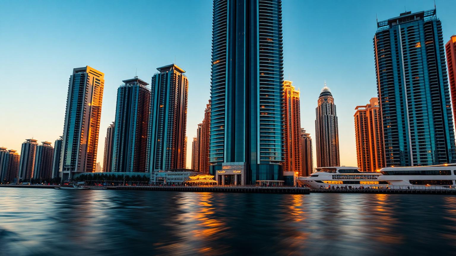 Dubai Marina skyline at golden hour — premium residential towers along the waterfront.