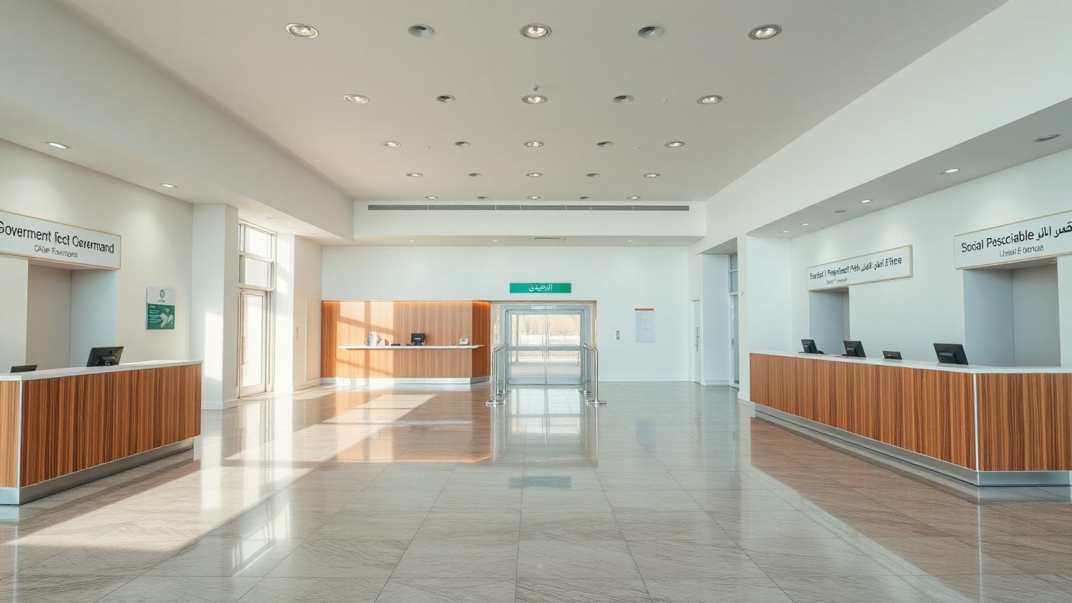 Interior of a modern Dubai government service centre with polished stone floor and wood-panelled service counters.
